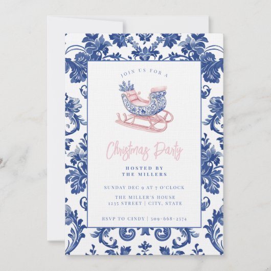 Invitation Pink and Blue Grandmillennial Damask Sleigh (Devant)