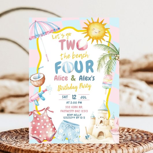 Invitation Pink and Blue Groovy Pastel Sibling Beach Party