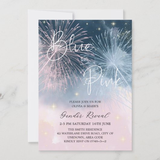 Invitation Pink and Blue Night Sky Firecracker Genre Reveille (Devant)
