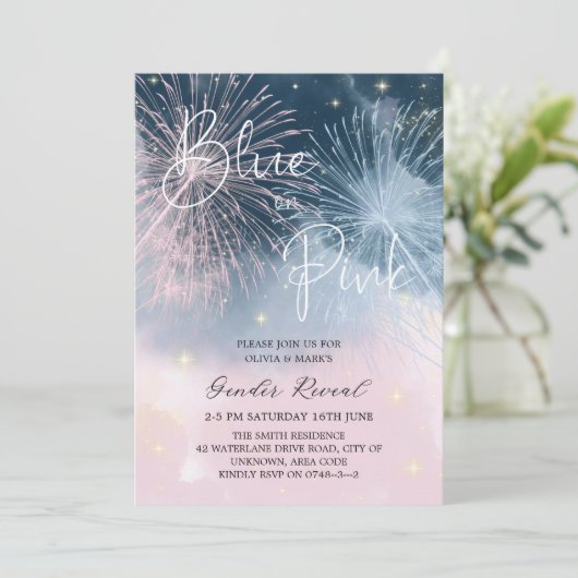 Invitation Pink and Blue Night Sky Firecracker Genre Reveille (Debout devant)