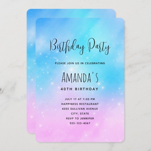 Invitation Pink and Blue Pastel Gradient Sky Anniversaire (Devant / Derrière)