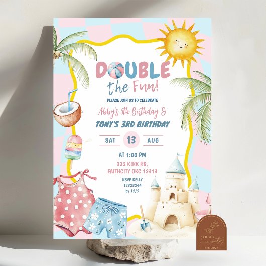 Invitation Pink and Blue Super Pastel Sibling Beach Anniversa