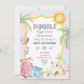 Invitation Pink and Blue Super Pastel Sibling Beach Anniversa (Devant)
