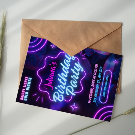 Invitation Pink and Blue Tropical Neon Birthday Party