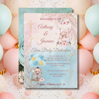 Invitation Pink and Blue Twin Teddy Bears on Swing with Photo