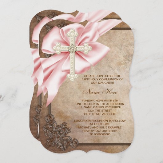 Invitation Pink and Brown Cross First Communion (Devant / Derrière)