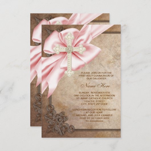 Invitation Pink and Brown Cross First Communion (Devant / Derrière)
