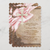 Invitation Pink and Brown Cross First Communion (Devant / Derrière)