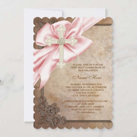 Invitation Pink and Brown Cross First Communion (Devant)