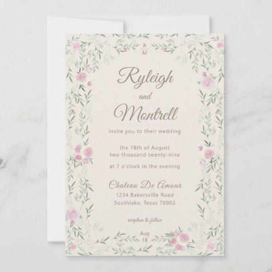 Invitation Pink and Cream Rose and Greenery Modern Elegant (Devant)