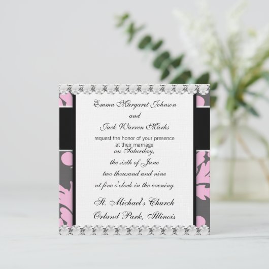 Invitation pink and deep gray large damask (Debout devant)
