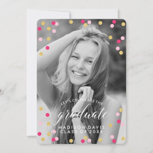 Invitation Pink and Gold Confetti Chalkboard Photo Graduation (Devant)