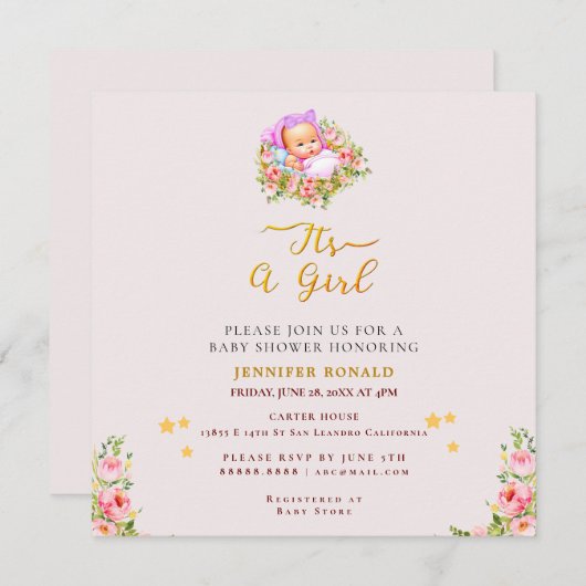 Invitation Pink and Gold Flower thème c'est un baby shower fi (Devant / Derrière)
