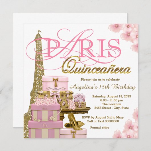 Invitation Pink and Gold Paris Quinceanera (Devant / Derrière)