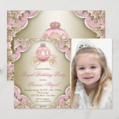Invitation Pink and Gold Royal Princess Photo Anniversaire (Devant / Derrière)