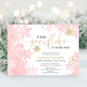 Invitation Pink and gold snowflake winter girl baby shower