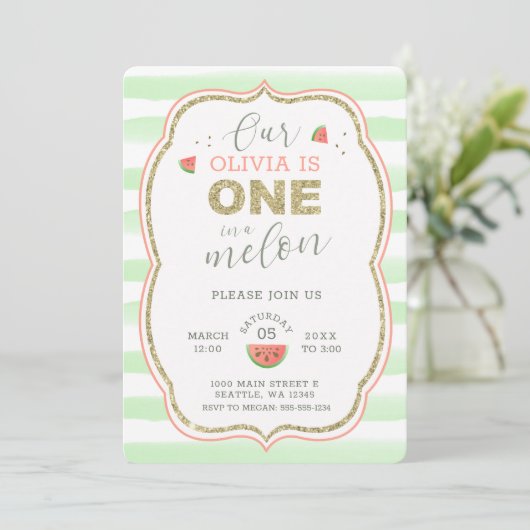 Invitation Pink and Gold Sparkel One in a Melon 1er Birthday (Debout devant)