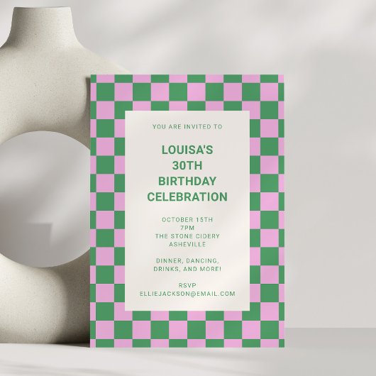 Invitation Pink and Green Checkerboard 30th Birthday Party