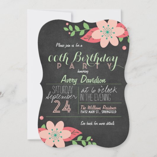 Invitation Pink and Green Floral Chalkboard fête d'anniversai (Devant)