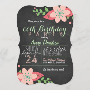 Invitation Pink and Green Floral Chalkboard fête d'anniversai