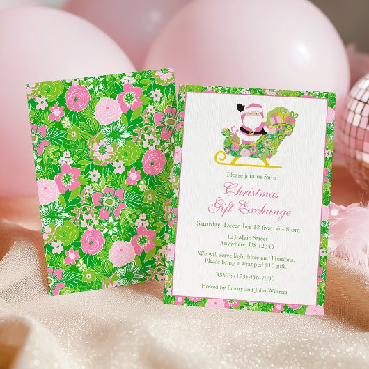 Invitation Pink and Green Preppy Palm Beach Santa Party