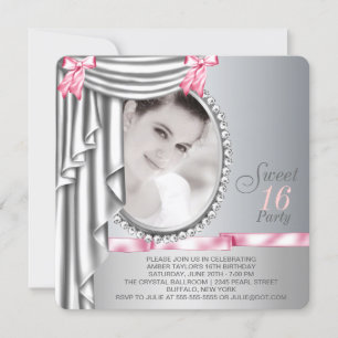 Invitation Pink and Grey Photo Sweet 16 Anniversaire