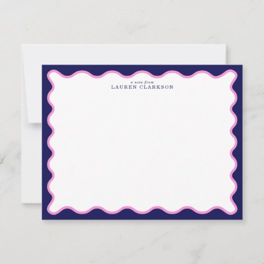 Invitation Pink and Navy Wavy Frame Note Card with Striped Ba (Devant)