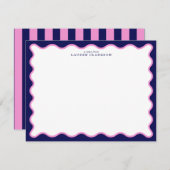 Invitation Pink and Navy Wavy Frame Note Card with Striped Ba (Devant / Derrière)