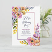Invitation Pink and Orange Floral 100th Birthday Party (Debout devant)