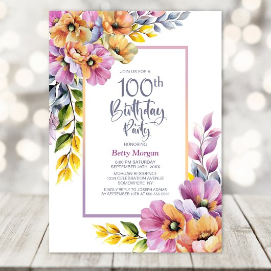 Invitation Pink and Orange Floral 100th Birthday Party