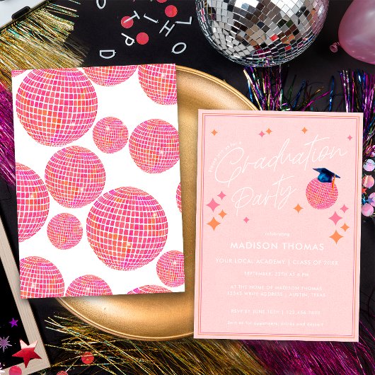 Invitation Pink and Orange Retro Disco Ball Party
