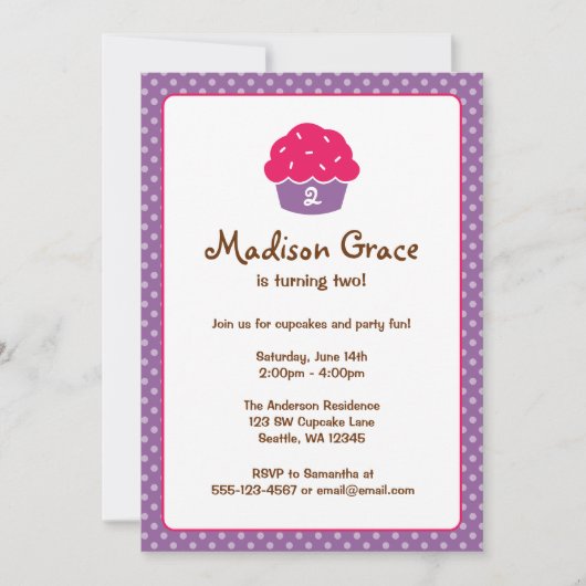 Invitation Pink and Purple Cupcake Polka Dot Anniversaire (Devant)