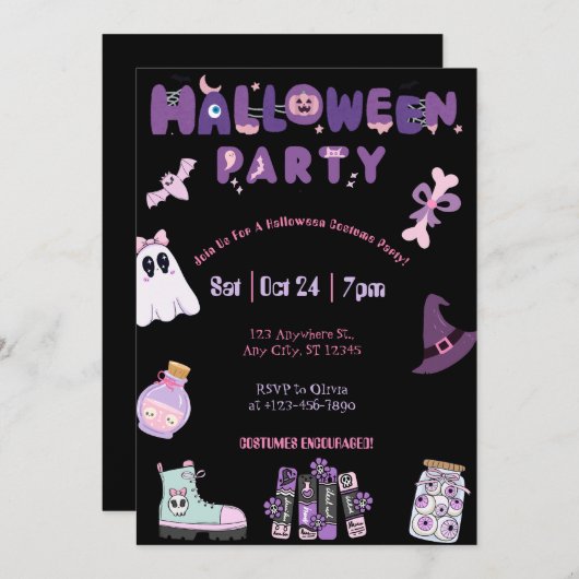 Invitation Pink and Purple Halloween Party mignonne Ghost &Éf (Devant / Derrière)