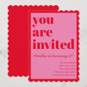 Invitation Pink and Red Modern 21st Scalloped Birthday Party (Devant / Derrière)