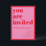Invitation Pink and Red Modern 21st Scalloped Birthday Party<br><div class="desc">This birthday invitation features bold typography paired with a playful scalloped border for a fun,  confident look. The bright color palette and modern layout feel celebratory without being fussy. A great choice for milestone birthdays,  cocktail-style parties,  or stylish adult celebrations.</div>