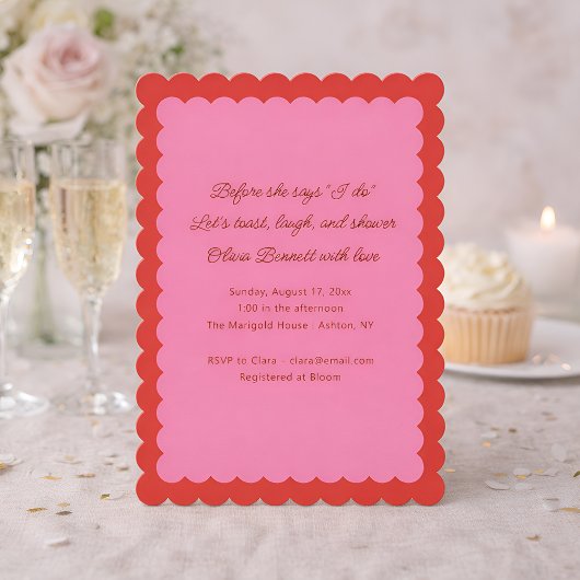 Invitation Pink and Red Scalloped Edge Bridal Shower