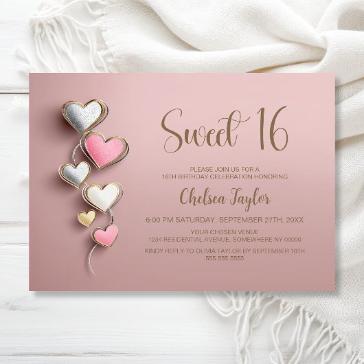 Invitation Pink and Silver Heart Theme Sweet 16 Birthday