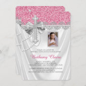 Invitation Pink and White Satin Glitter First Communion (Devant / Derrière)