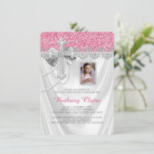 Invitation Pink and White Satin Glitter First Communion (Debout devant)