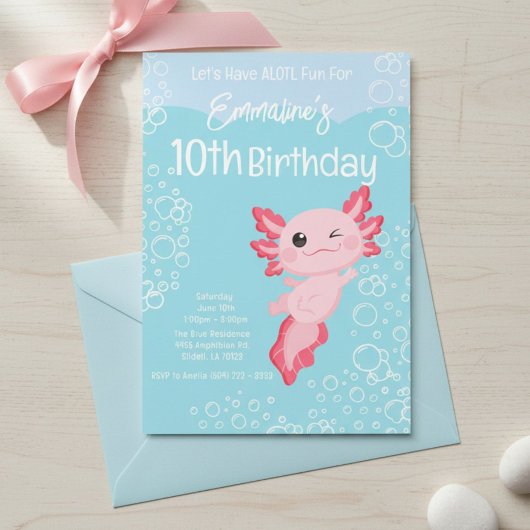 Invitation Pink Aqua Axolotl 10th Birthday Party