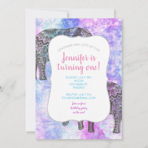 Invitation Pink Aqua Black Elephant Bright Tribal