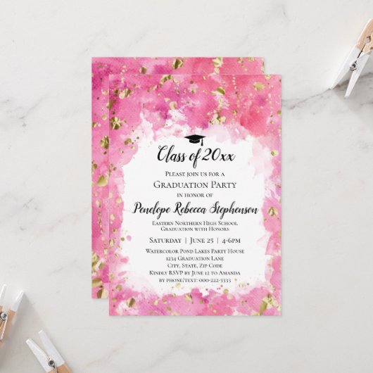 Invitation Pink Aquarelle Gold Splatter Graduation Party (Devant/Arrière en situation)