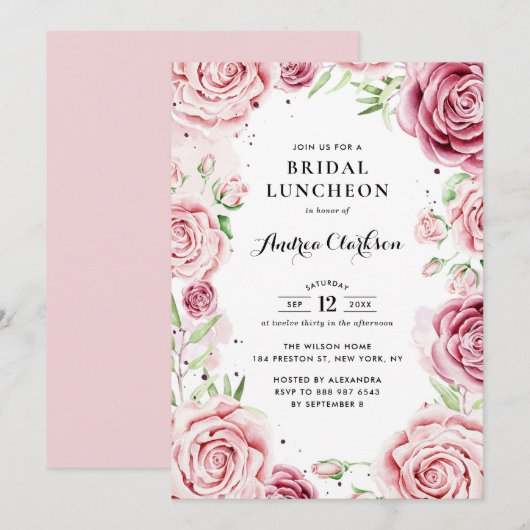 Invitation Pink Aquarelle Rose cadre nuptiale déjeuner (Devant / Derrière)