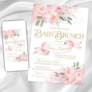 Invitation Pink Aquarelle Rose fille Baby shower Brunch