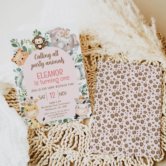 Invitation Pink Arch Safari Party Animaux 1er anniversaire