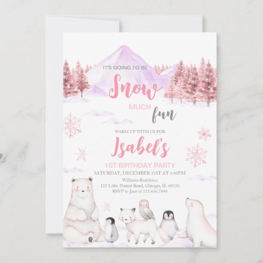 Invitation Pink Arctic Animals Birthday (Devant)