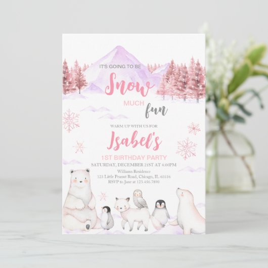 Invitation Pink Arctic Animals Birthday (Debout devant)