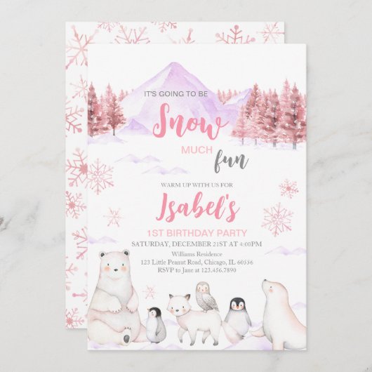 Invitation Pink Arctic Animals Birthday (Devant / Derrière)