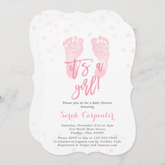 Invitation Pink Baby pieds c'est un Baby shower de fille (Devant / Derrière)