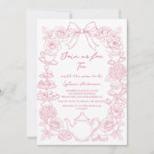 Invitation pink baby shower tea bow Hand Drawn coquette (Devant)